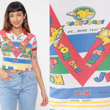 Vintage Tom and Jerry Shirt Graphic Polo Shirt 80s Cat and Mouse Mine Test Cartoon T Shirt Retro Tee 1980s Crop Top All Over Print 2xs xs 