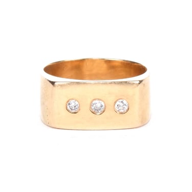 Vintage 14K Gold Three-Diamond Square Band Gold Ring, Unique Gold Statement Ring with Diamonds and Square Silhouette, Size 7 1/2 