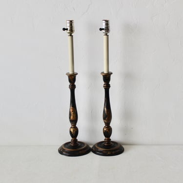 Chinoiserie Hand Painted Wood Black Gold Finish Vintage Buffet Lamp-a pair 