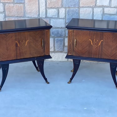 Pair of Italian MCM Mahogany Nightstands with Ebonized and Inlaid Accents 