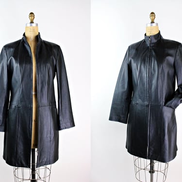 90s Black Leather Jacket / Front Zipper / 80s Leather Jacket / Medium Length Leather Coat/ Midi Leather Coat /Size S/M 