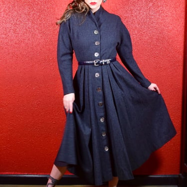 1950s Princess Coat Charcoal Gray Wool 