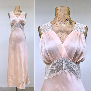 Vintage 1940s Peach Rayon/Lace Nightgown, 40s Empire Waist Bias-Cut Peignoir, Old Hollywood Glamour Lingerie, Deadstock, Medium 
