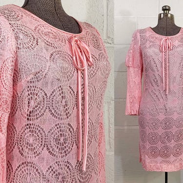 Vintage Pink Lace Mini Dress Long Sleeves Leg of Mutton Sleeve Wedding Guest Party Cocktail New Year's Evening Deadstock 1960s 60s XS 