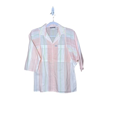 Vintage 80's Cabrais Pink White Striped Batwing Button Down Blouse Shirt, Size M 