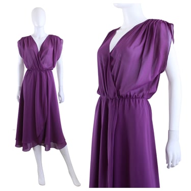 1970s Semi Sheer Purple Goddess Wrap Dress - 70s Sheer Purple Dress - 70s Wrap Dress - Vintage Wrap Dress - 70s Purple Dress | Size Medium 
