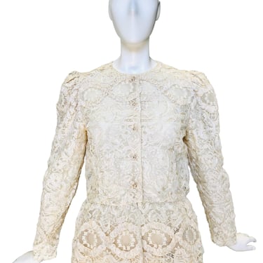1980's Morton Myles Ivory Re-embroidered Lace Jacket w/Peplum