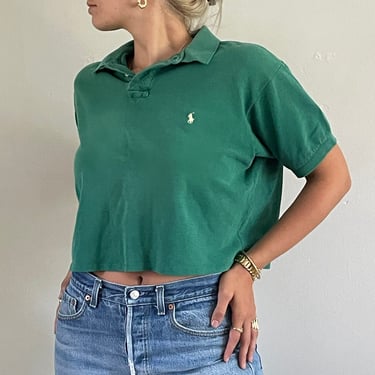 80s Ralph Lauren polo tee shirt / vintage embroidered logo kelly green cotton pique cropped boyfriend Polo collared tee t-shirt | Large 