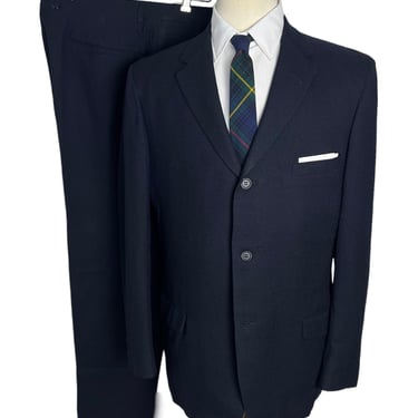 Vintage 1960s Navy Blue Wool Hopsack Flannel 2pc Sack Suit ~ 40 Long ~ jacket / blazer / sport coat / pants ~ Preppy / Ivy / Trad 