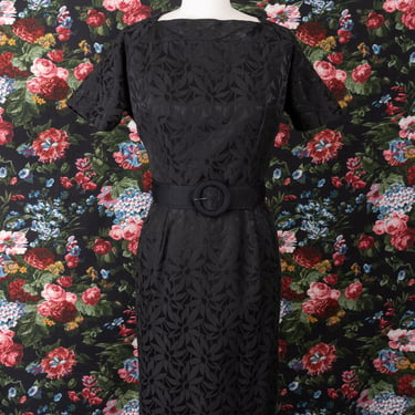 1960s Floral Print Jacquard Black Square Neck Day Dress by The Jones Girl 