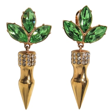 Gold &amp; Green Jeweled Dangle Earrings