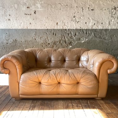 Mid Century Brown Tufted Leather Chesterfield Sofa