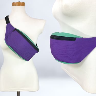 VINTAGE 80s Purple and Aqua Green Nylon Fanny Pack or Crossbody Bag | 1980s Belt Pouch Bag | VFG 