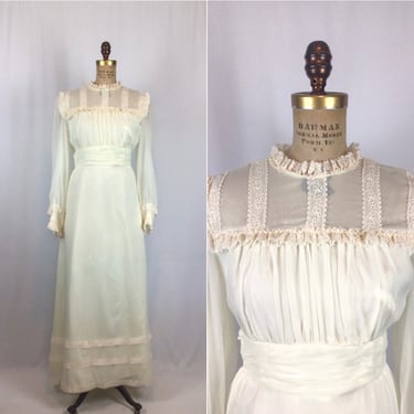 Vintage 80s dress | Vintage ivory chiffon lace long dress | 1980s cottage core bridal dress 