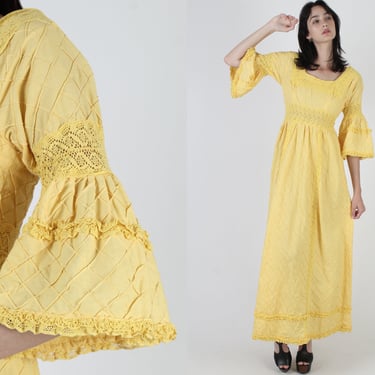 Marigold Mexican Dress / Crochet Lace Made In Mexico Dress / Vintage Ethnic Wedding Bell Sleeves / Pintuck Cotton Fiesta Maxi Dress 