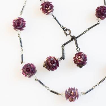 1930s Carved Celluloid Rose Necklace and Bracelet Set 
