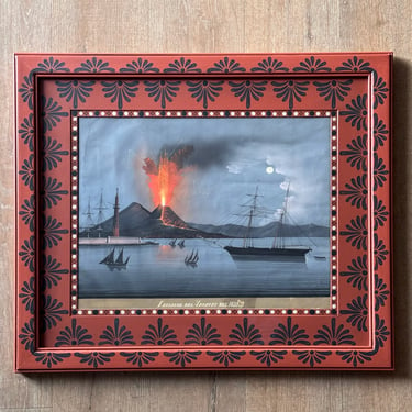Medium 19th C. Italian Gouache of the View of Vesuvius I Circa 1830 in Gusto Painted Frame and Mat