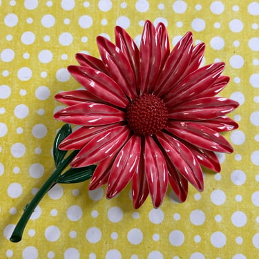 vintage daisy brooch 1960s red enamel flower pin 