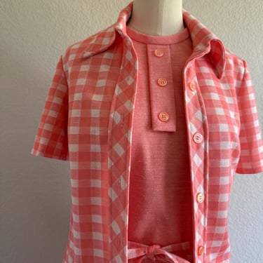 60s Mod Mini Tank Dress in Gingham with Matching Cropped Jacket; 60s Spring Checkered Plaid Picnic Print Tank Dress with Polyester Blouse M 
