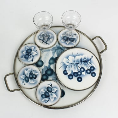 antique pottery transferware serving tray set cake platter and coasters grapes delft blue 1910 1920 