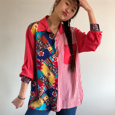 90s silk colorblock blouse / vintage red multicolored print silk crepe oversized color block pocket shirt blouse | L XL 