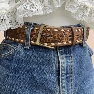 Gilles Herve Paris Tan Leather Whipstitch Western Belt Made in France Size 80 Vintage Gilles Herve Paris Western Belt, Grey Cowhide | A  main image 2