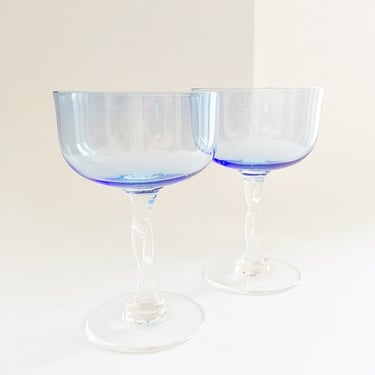 2 Blown Glass Champagne Glasses Pale Blue Coupe Cocktail Glasses on Twist Stems 