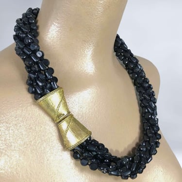 VINTAGE 60s Black 8 Strand Beaded Torsade Necklace with Chunky Gold Closure | 1960s Multi-Strand Statement Twist Necklace | VFG 