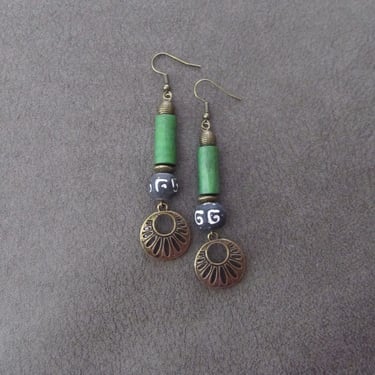 Green wooden earrings, primitive earrings, bold statement earrings, bohemian earrings, rustic natural earrings, clay earrings, boho chic 