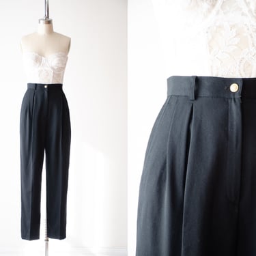 high waisted pants | 90s vintage black wool gabardine dark academia pleated straight leg trousers 