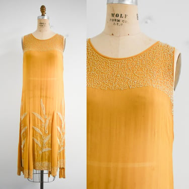 1920s Mustard Chiffon Beaded Flapper Dress 