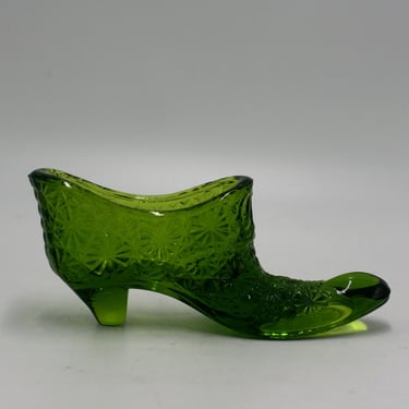 vintage Fenton Button Daisy Green Glass Shoe 