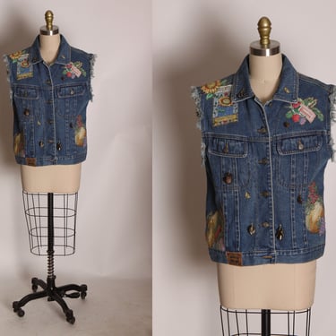 1990s Novelty Blue Denim Garden Seed Packets Patchwork Embroidery Vest by Gitano -L 