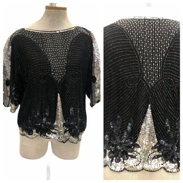 Vintage VTG 1980s 80s Black Silver Metallic Beaded Sequin Disco Blouse Top 