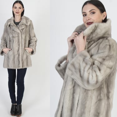 Silver Mink Winter Coat, Grey Fur Back Collar Jacket, Womens Real Wedding Overcoat 