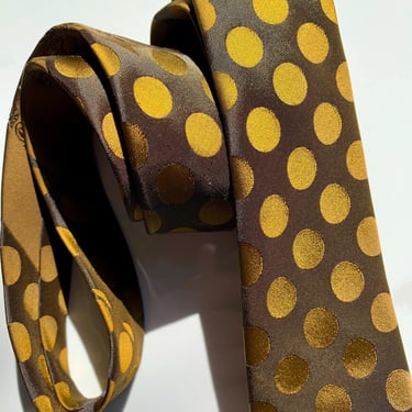 Early 1960's Polka Dot Tie - Iridescent Fabric in a Golden Olive Color - Narrow Mod Profile 