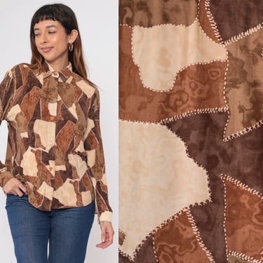 90s Patchwork Blouse Brown Abstract Button Up Shirt Long Sleeve Top Collared Bohemian Tan Vintage 1990s Stretchy Oversized Small S 