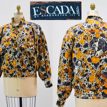 80s 90s Escada Jacket Vintage Silk Animal Dog Dalmatian Print Jacket Vintage Dog Jacket// Vintage Dog Print Bomber Jacket Escada Scarf Print 