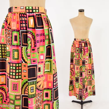 1970s Pink Print Maxi Skirt | 70s Orange Print Op Art Maxi | Medium 