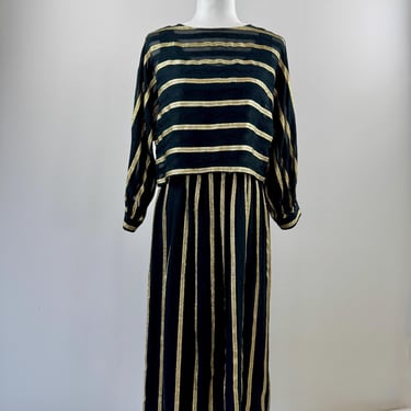 1970s Wilroy Black and Gold Striped Dress 