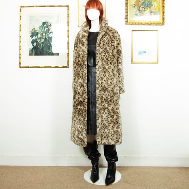 Vintage 1980s Leopard Print Maxi Fur Coat With Collar Size M 