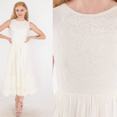 Off-White Chiffon Dress 60s Party Dress Floral Lace Bridal Elopement Midi Dress High Waisted Pleated Formal Sleeveless Vintage 1960s 2xs xxs 
