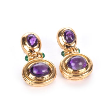 Vintage 14K Gold Cabochon Amethyst and Emerald Drop Earrings, Extravagant Yellow Gold Earrings with Purple Amethyst and Green Emerald, 33mm 