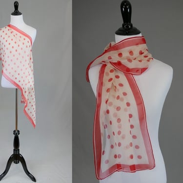 Vintage White Red Polka Dot Scarf - Sheer Synthetic - Long Neck Scarf - 44