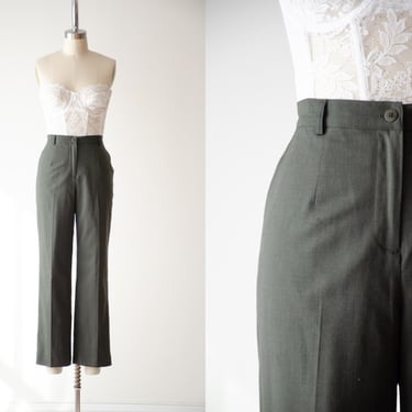 high waisted pants | 90s vintage dark olive green wool dark academia style pleated cropped ankle trousers 