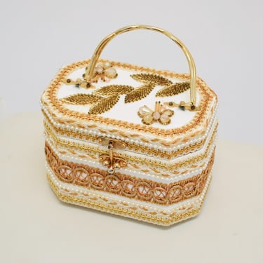 70s Wood Box Purse Bag Butterfly Beaded Gold White Ribbon Wedding Evening Bag Handbag 1970s Wooden Purse White Gold Butterfly Bag Purse 