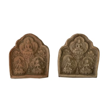 Set of 2 Small Chinese Oriental Clay Buddhas Theme Plaque Display ws2405E 