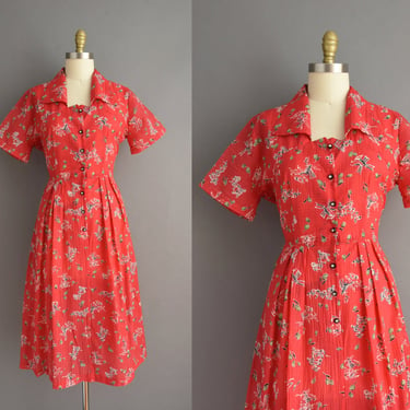 vintage 1950s dress | Adorable Red &amp; Green Dutch Novelty Print Short Sleeve Shirt Dress | Large | 50s vintage dress 