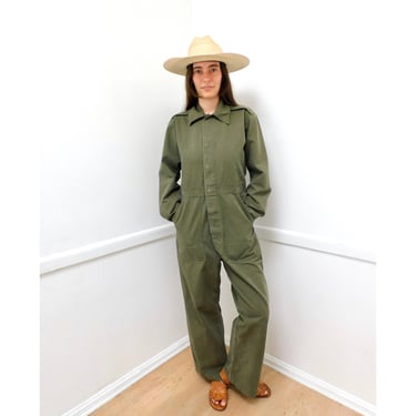 European Coveralls // vintage overalls green army military jumpsuit boho hippie dress 70s 1970s // S/M 