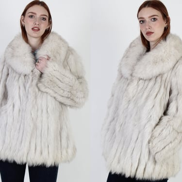 Vintage 80s Cream Arctic Fox Fur Coat, Chubby Real Fur Plush Jacket, Womens Ivory Suede Inlay Fox Jacket 
